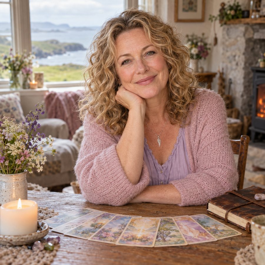 Angelica at her table with her oracle cards